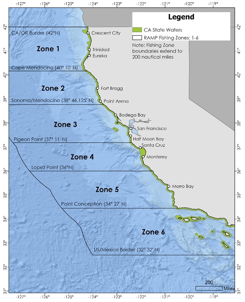 2024 crab fishing zones off of the California coast.