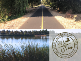 A bike trail, a river and the Great California Delta Trail logo