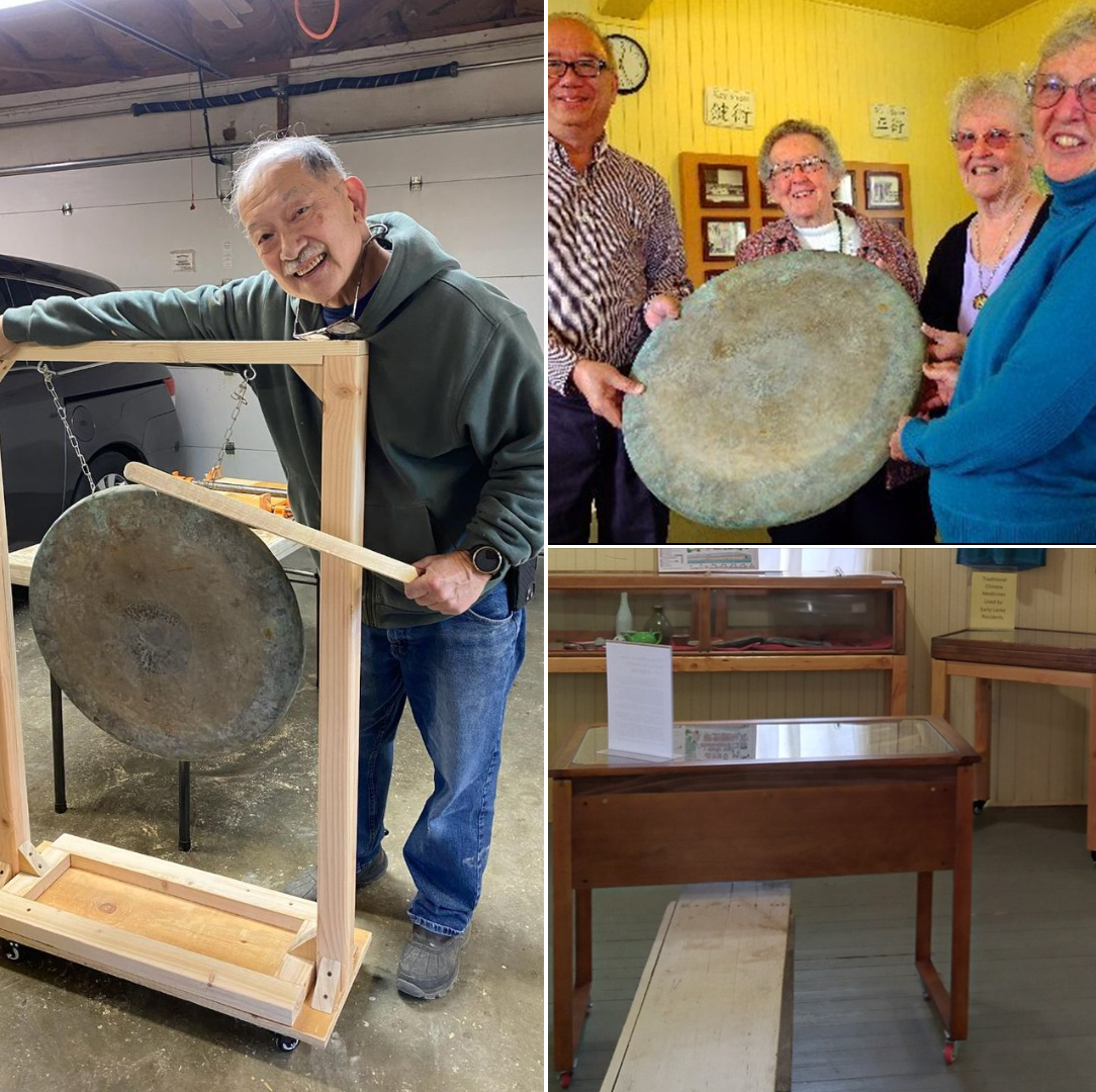 Photos of a stolen gong on a newly built wooden stand