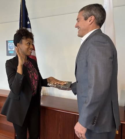 Councilmember, State Controller Malia Cohen being sworn in by Secretary Wade Crowfoot.