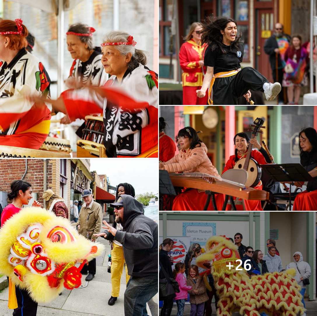 Montage of Asian New Year images - lion dancing, taiko drumming, martial arts, and Chinese orchestra