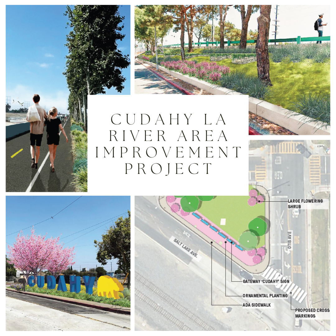 Collage with various design elements near LA River and a street