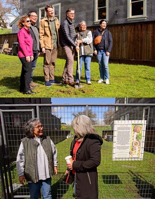 One photo of a groundbreaking ceremony, another of two women talking in front of the groundbreaking site