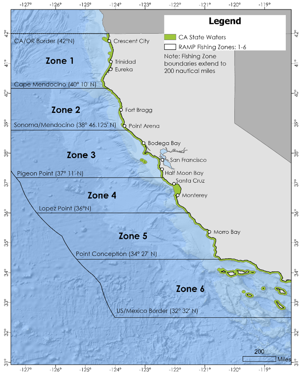 A map of California marine zones.