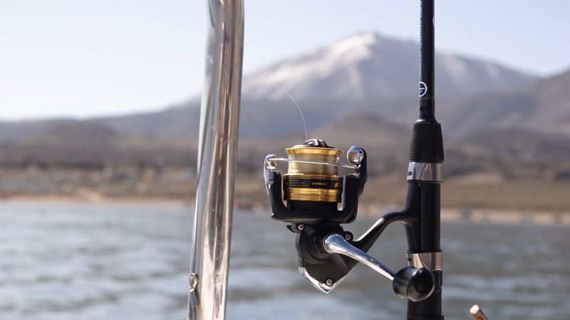 Fishing pole in the foreground with mountains in the back.