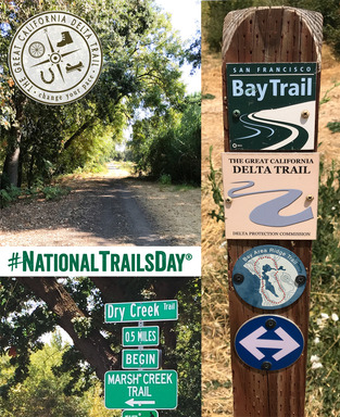 Montage of Delta trails and trail signs with #NationalTrailsDay and Great California Delta Trail logo