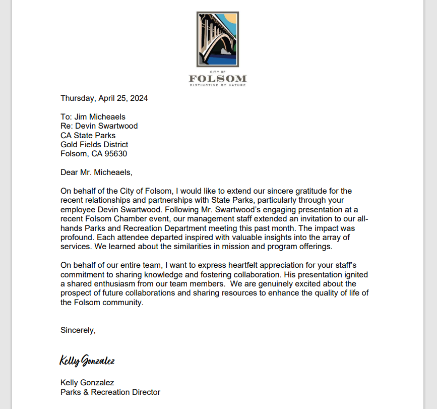 City of Folsom thank you letter