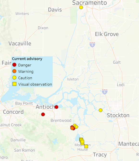 Map showing locations of harmful algal bloom advisories in the Delta