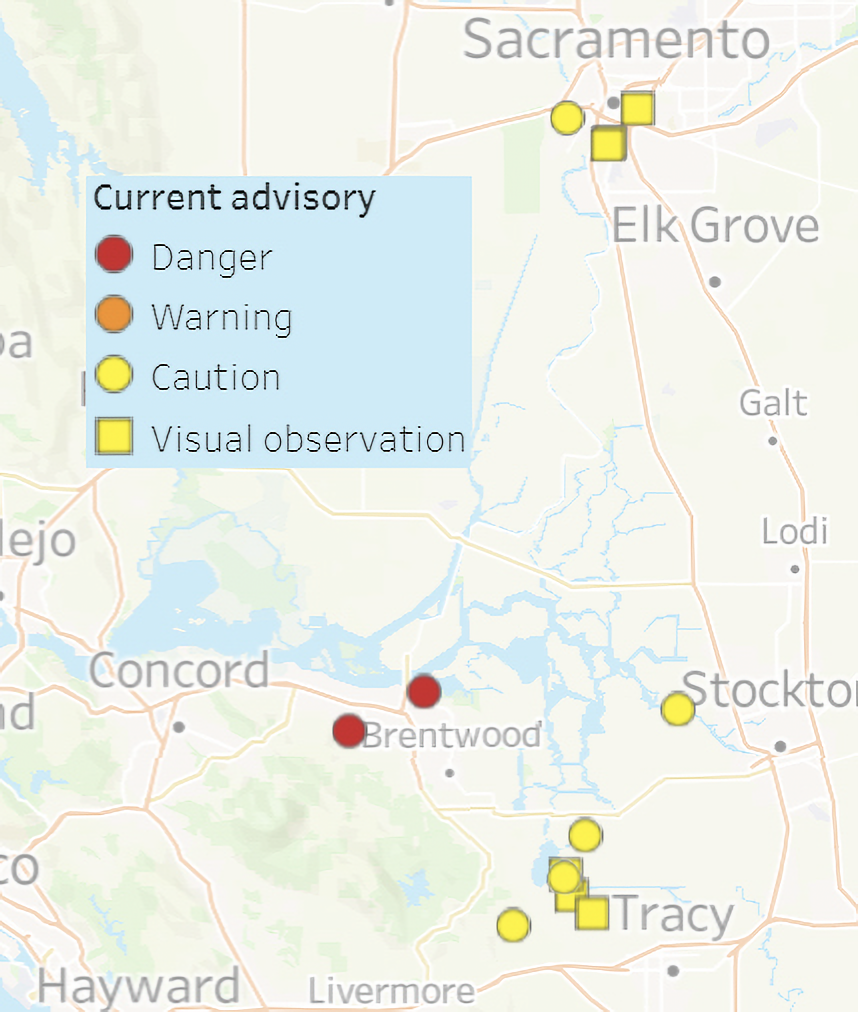 Map showing locations of harmful algal bloom advisories in the delta