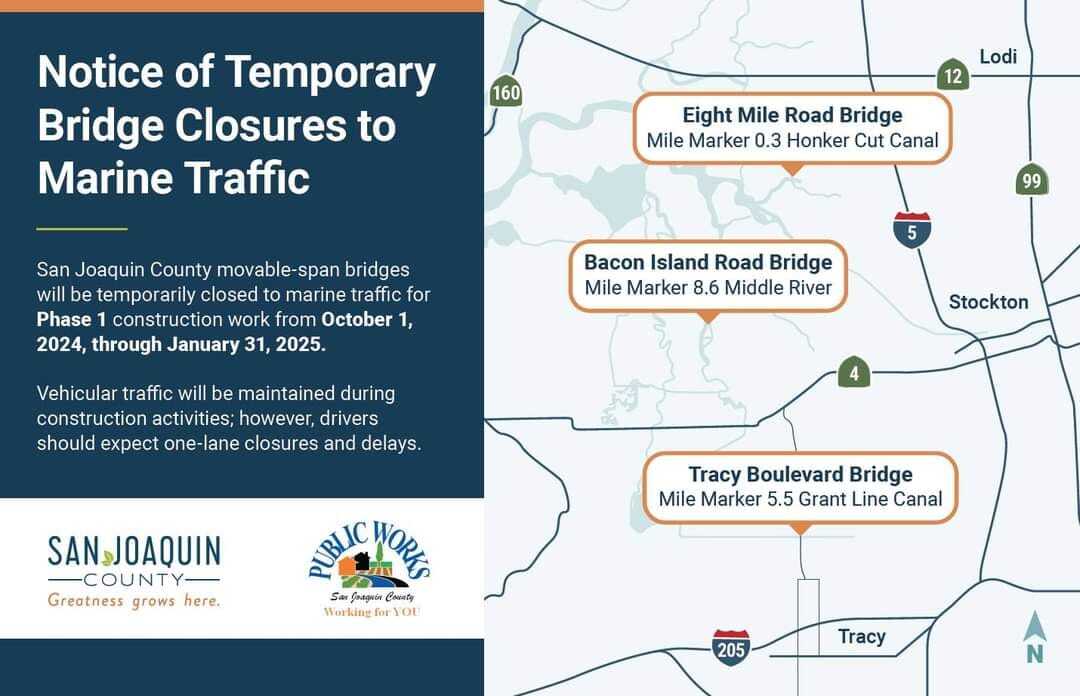 Map of San Joaquin County bridge closures for boat traffic