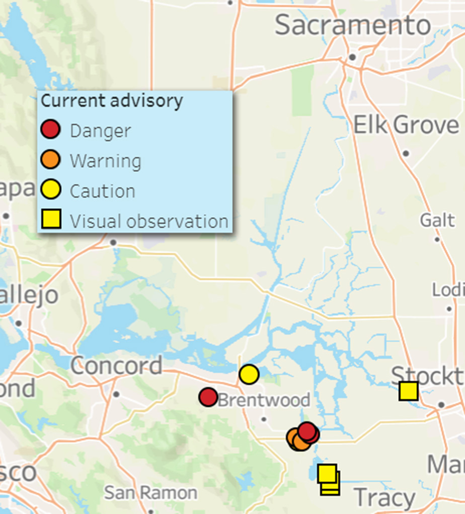 Map of harmful algal bloom advisory locations in the Delta