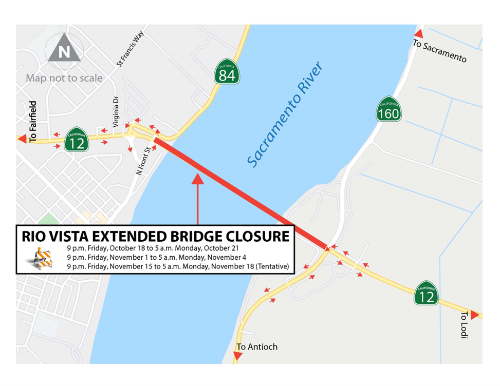 Map showing location of Rio Vista Bridge