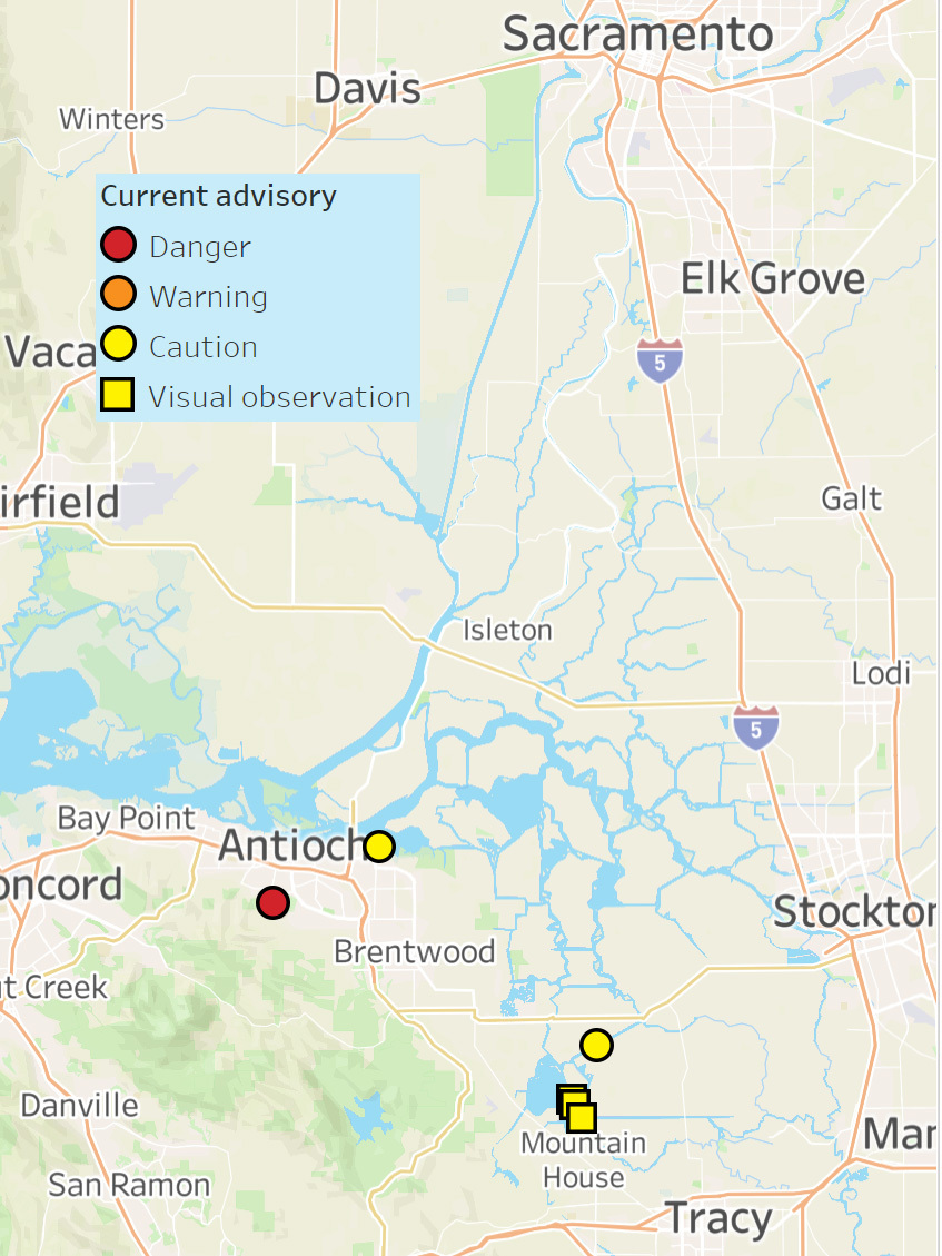 Map showing locations of harmful algal blooms in the Delta