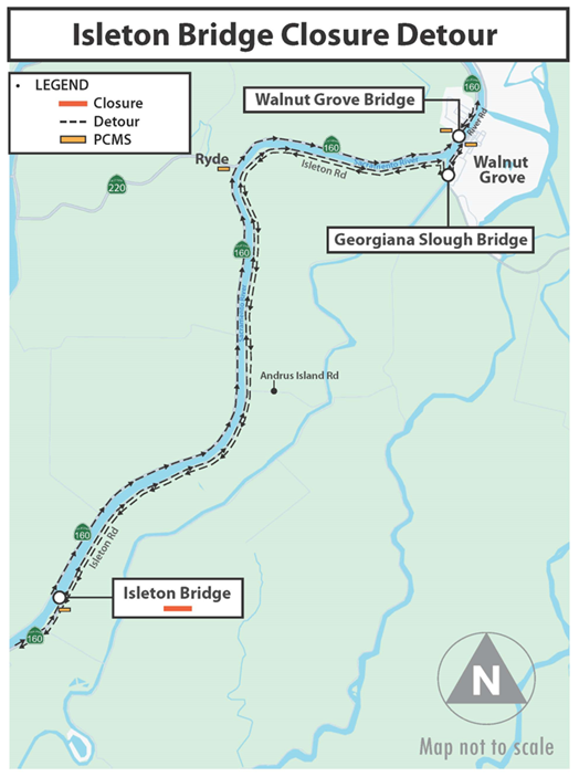 Map of detour route for Isleton Bridge closure