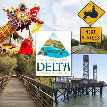 Montage of  Delta images: a farm equipment sign, dragon from Asian New Year, a wooden walkway in a natural area, and a bridge