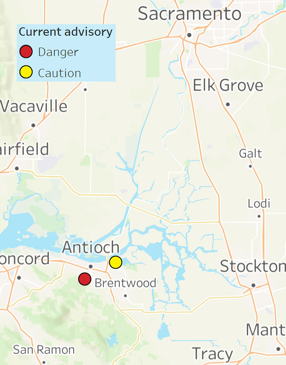 Map of harmful algal bloom advisories in the Delta