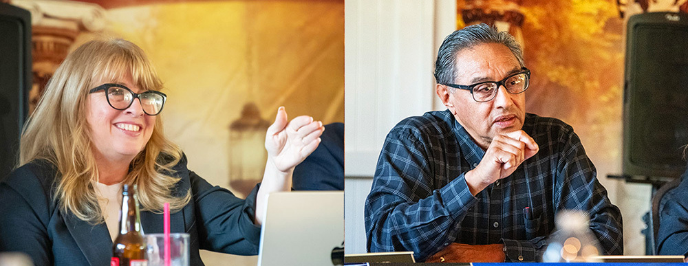 Separate photos of a woman and a man speaking at a dais