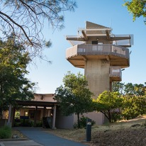 A view of the 47-foot tall viewing tower at the Lake Oroville Visitor Center from the entrance walkway.
