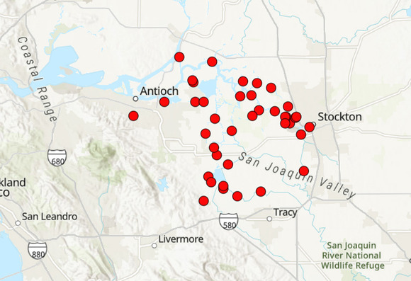 Map of golden mussel detection locations