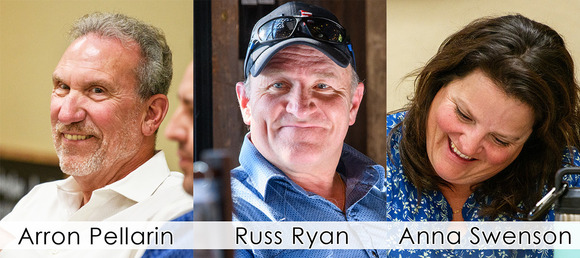 Three photos of two men and a woman at a meeting