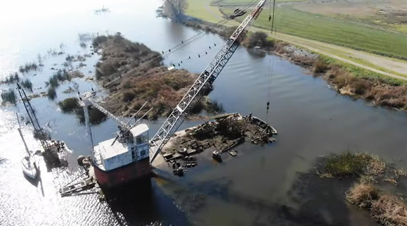 Aerial view of abandoned barge in the Delta