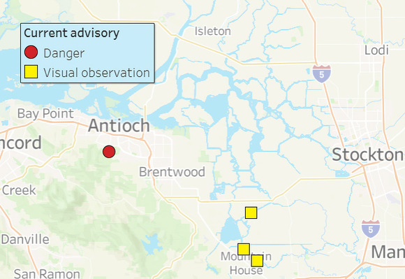 Map showing locations of harmful algal blooms