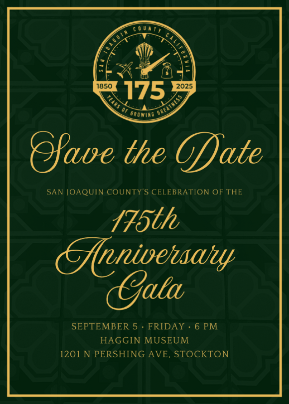 Save the Date flyer for 175th Anniversary Gala for San Joaquin County