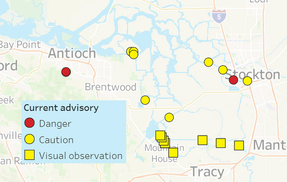 Map of locations of harmful algal bloom advisories in the Delta