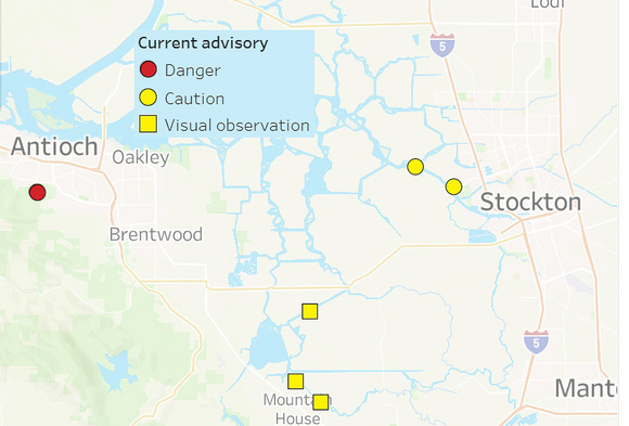 Map showing locations of harmful algal bloom advisories
