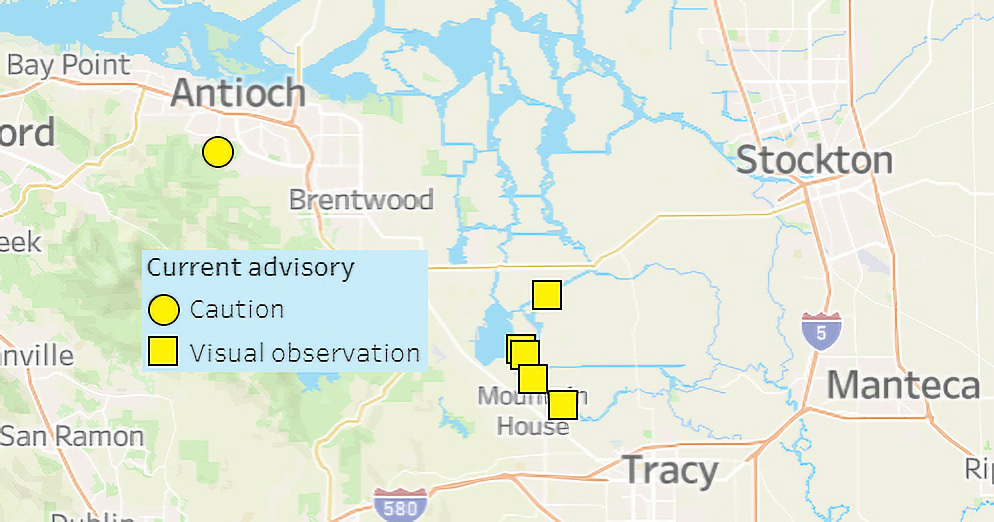 Map showing locations and types of harmful algal bloom advisories