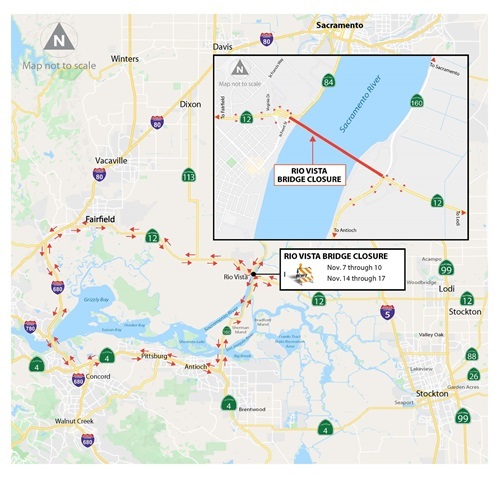 Map of detour route around closed Rio Vista Bridge