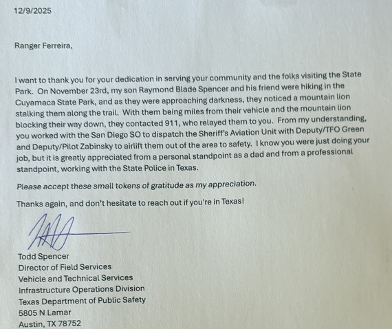 Thank You Letter to Ranger Ferreira