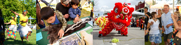 Montage of delta events: women dancing, hands-on kids exhibits, Asian New Year