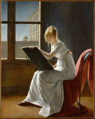 Painting of a young woman drawing