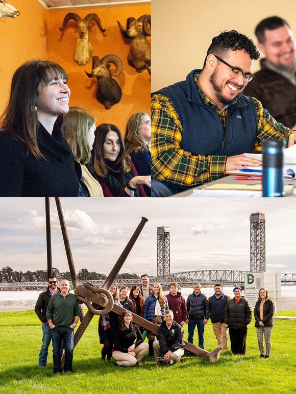 Three photos - a woman at a restaurant, a man at a conference table, an outdoor group photo