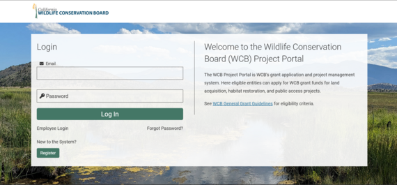 WCB Project Portal login page