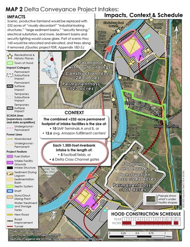 Map illustrating impacts of a proposed project on a small river town