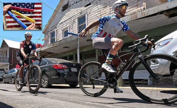 A cyclist in red, white and blue holds out a baton for the cyclist behind him (inset photo closeup of batons)