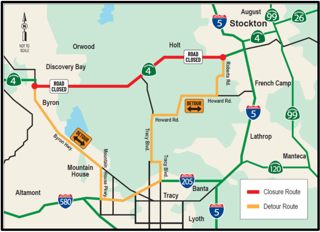 Map showing closure and detour routes