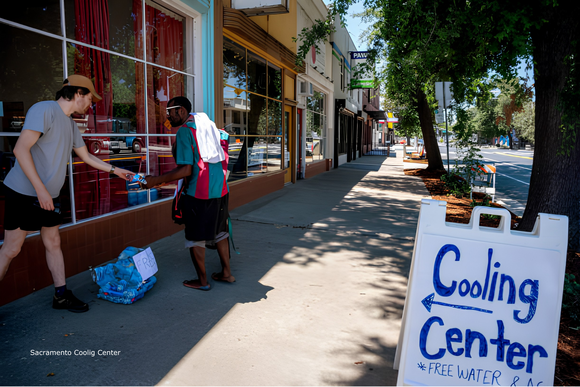 Man giving another a bottle of water outside a cooling center.