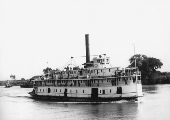 Historic black and white image of a riverboat in the California Delta