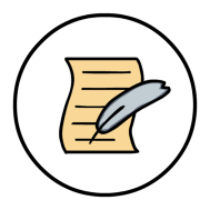 Cartoon image of a quill pen and paper