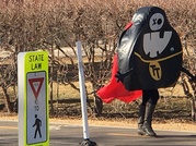 TT Mascot walking outside with crosswalk sign