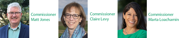 Headshots of three current commissioners in horizontal alignment with their names to the right of each photo