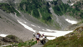A group of four walking and rolling on an accessible trail