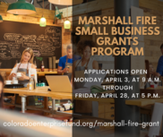Marshall Fire Small Business Grants Program with coffee shop behind the text
