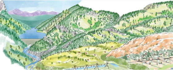 Illustration of Ralph Price reservoir with forest and agriculture field