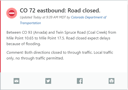 CDOT alert showing that State Highway 72 is closed