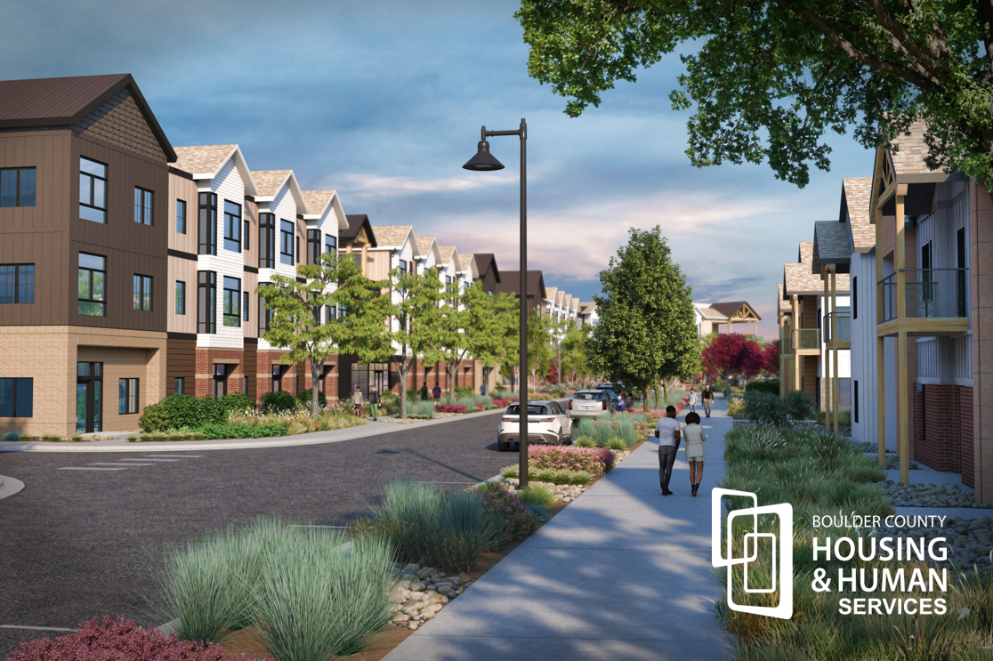 Willoughby Corner Streetscape with Townhomes and HHS Logo