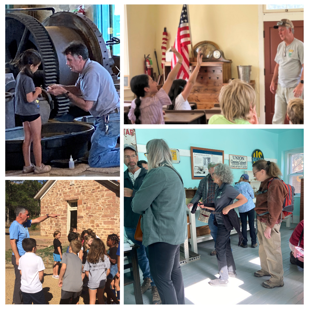 collage of cultural history volunteers leading tours and explaining artifacts. 